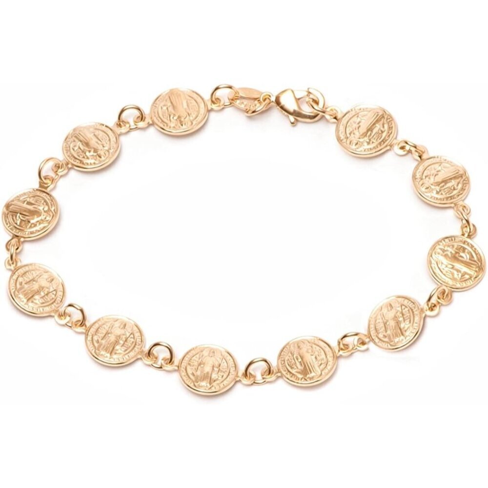 Gold Plated Religious Bracelet with Saint Benedict Coins 7.5 Inches for Women